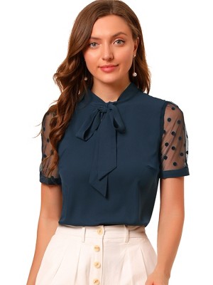 INSPIRE CHIC Women's Bow Tie V Neck Stand Collar Short Mesh Sleeve Blouse