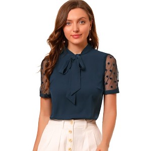INSPIRE CHIC Women's Bow Tie V Neck Stand Collar Short Mesh Sleeve Blouse - 1 of 4