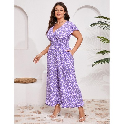 Womens Plus Size Short Sleeve Smocked Waist Wide Leg Summer Jumpsuits