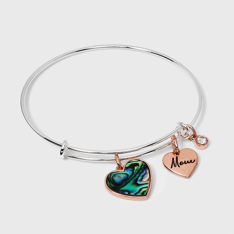 Abalone Heart and Cubic Zirconia&#39;Mom&#39; Charm Bangle Bracelet - Silver, 2 of 3