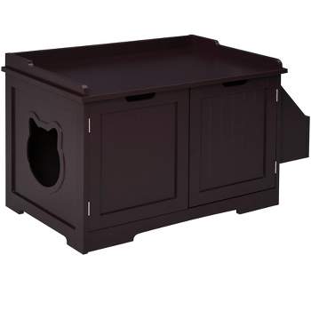 PawHut Wooden Cat Litter Box Enclosure Kitten House with Nightstand End Table and Storage Rack Magnetic Doors