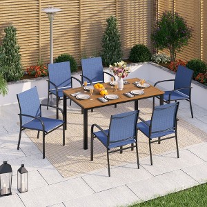 Captiva Designs 7pc Patio Dining Set Wood-look Rectangle Table with Umbrella Hole & Sling Fixed Chairs - 1 of 4