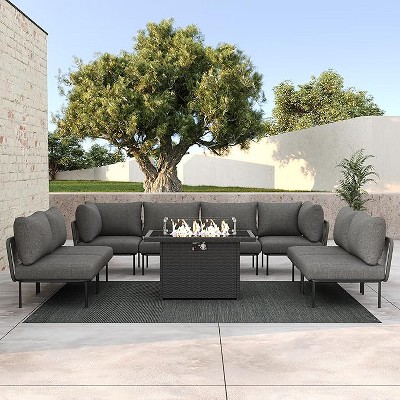 LayinSun 9 Pieces Rope Woven Patio Furniture Set, Modern Modular Sectional Sofa with Fire Pit Table and Upgrade Thickness Cushion