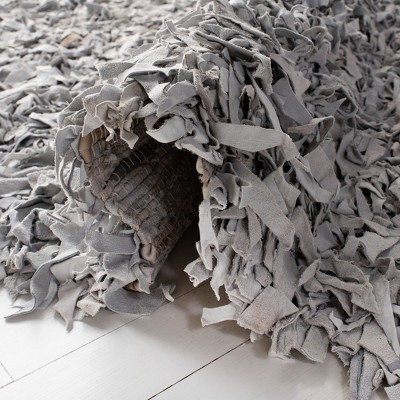 Hand-Knotted White Leather Square Shag Rug - 6'x6'