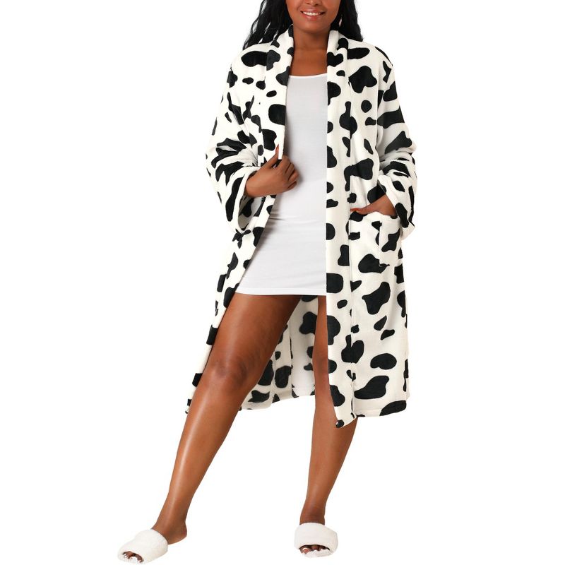 Agnes Orinda Women's Plus Size Flannel Cow Print Self Tie Waist Mid-Length Robe, 1 of 7