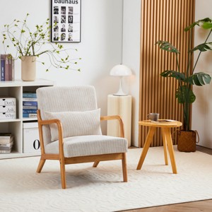 Mid-Century Modern Rubberwood Frame Accent Chair with Ergonomic Design, Upholstered Seat & Pillow for Living Room & Bedroom-Coolbibila - 1 of 4