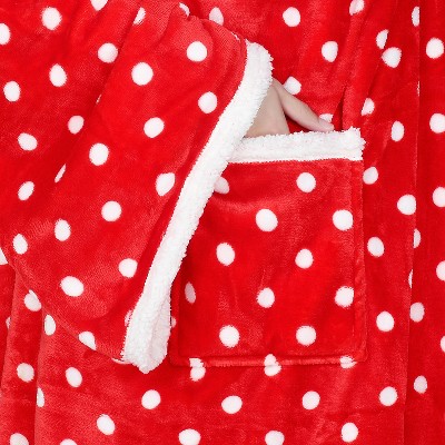 Red Polka Dot Sherpa Fleece Wearable Blanket with Sleeves