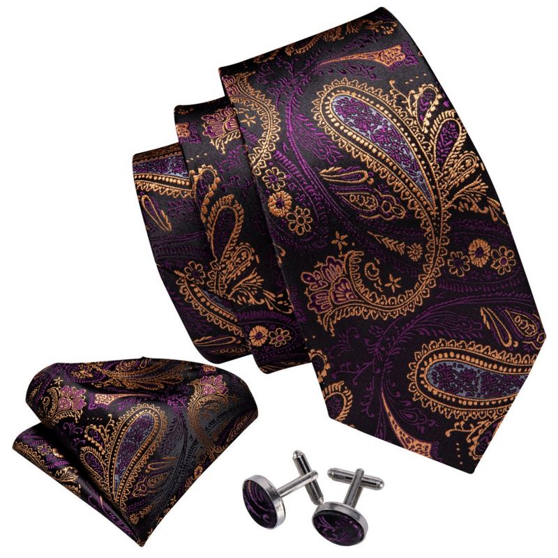 Men's Purple And Yellow Paisley 100% Silk Neck Tie With Matching Hanky And Cufflinks Set, 1 of 5