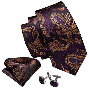 Men's Purple And Yellow Paisley 100% Silk Neck Tie With Matching Hanky And Cufflinks Set