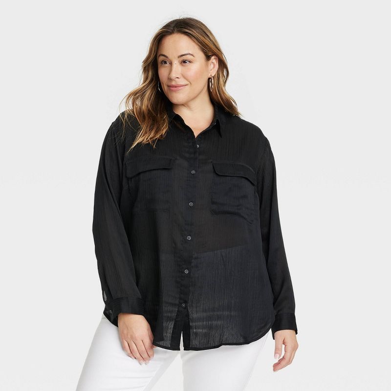 Women's Long Sleeve Chiffon Button-Down Shirt - Ava & Viv™, 1 of 4
