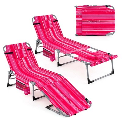 Costway 2 PCS Outdoor Folding Chaise 5-Position Lounge Chair with Adjustable Footrest Pink