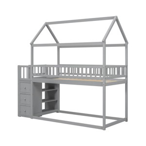 TopComfy Beds Twin House Bunk Bed Frame With Shelves and Drawers House Shaped Bunk Bed Integrated for Kids Bedrooms, Gray, 54.53"*18.7"*9.65" - 1 of 4
