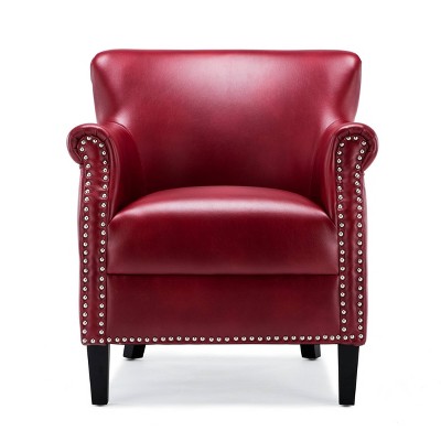 Traditional Red Leather Accent Chair with Wood Frame and Nailhead Trim