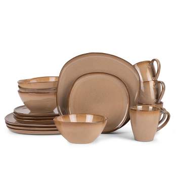 Elanze Designs 16-Piece Modern Chic Smooth Handmade Shape High Gloss Ceramic Stoneware  Kitchen Dinnerware 16 Piece Set - Service for 4, Brown