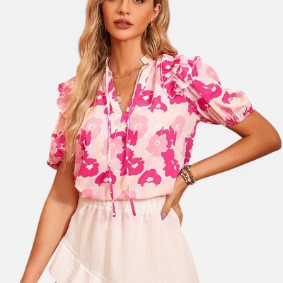Amaryllis Women's Floral Puff Sleeve Blouse Ruffle Shoulder V-Neck Lightweight Flowy Fit Effortless