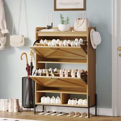 Shoe Cabinet, Shoe Storage Cabinet with 2 Flip-Up Drawers and Open Shelves,Shoe Organizer for Entryway, Hallway, Bedroom