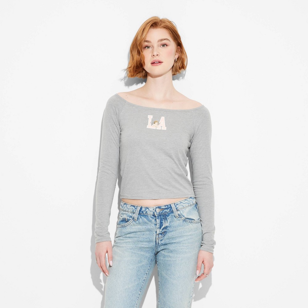 Women's LA Long Sleeve Graphic T-Shirt - Heather Gray XS: Modern Lux, Off Shoulder, Tagless, Knit Pullover