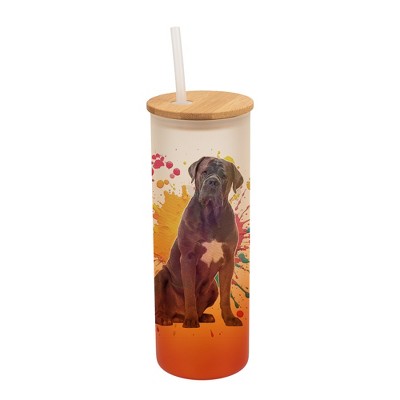 100 North 25 Ounce Frosted Glass Gradient Travel Tumbler With Straw & Wooden Lid, Cane Corso Dog Paint Splatter Orange