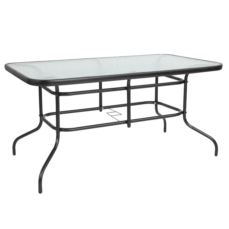 Emma and Oliver 31.5" x 55" Rectangular Tempered Glass Metal Table with Umbrella Hole, 1 of 11