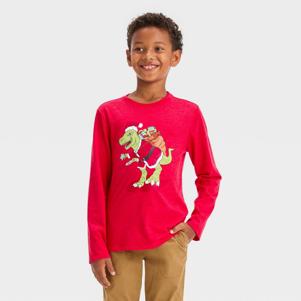 Size L Boys' Long Sleeve Christmas Dino Graphic T-Shirt - Cat & Jack™ Red L Husky 6 CasePack 