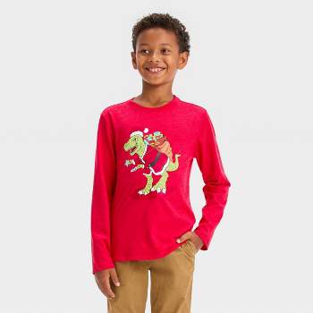 Boys' Long Sleeve Christmas Dino Graphic T-Shirt - Cat & Jack™ Red