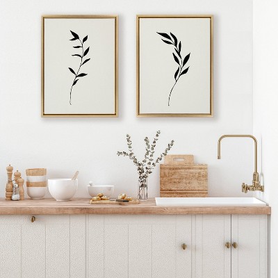 Minimalist Botanical Black and White Canvas Art Set with Gold Frame