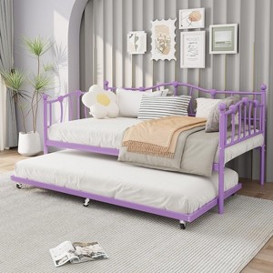 Metal Twin DayBed with Trundle, Sofa Beds with Steel Slat Support and Pull Out Bed, Space-Saving, for Apartment, Living Room, Small Spaces, Purple - 1 of 4