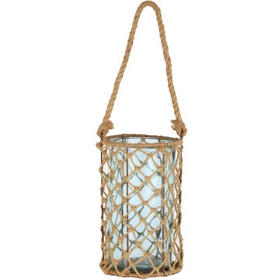 A & B Home 10" Decorative Teal Glass and Jute Round Pillar Candle Holder with Handle