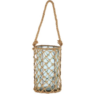 A & B Home 10" Decorative Teal Glass and Jute Round Pillar Candle Holder with Handle