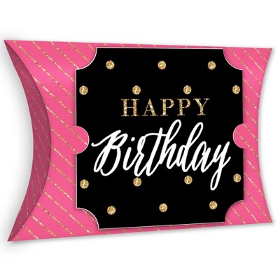 Big Dot of Happiness Chic Happy Birthday - Pink, Black and Gold - Favor Gift Boxes - Birthday Party Large Pillow Boxes - Set of 12