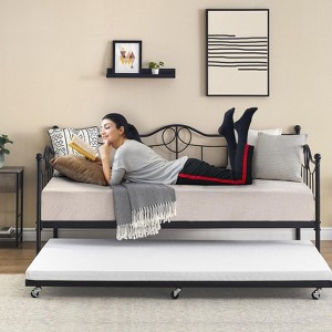Daybed with Trundle, Twin Size Day Bed with 6 Wheels,Heavy Duty Metal Slats, Art Sweet Heart Design,Guest Pull Out Sofa Bed for Living Room, Bedroom - 1 of 4