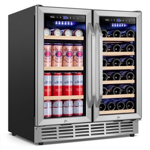 Hooure 30 in.Dual Zone 33-Wine Bottles and 80-Can Built-In and Freestanding with French Door Beverage Cooler in Stainless Steel - 1 of 4