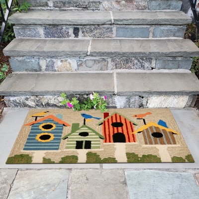 Handmade Multicolor Birdhouses Synthetic Rectangular Rug 24" x 36"