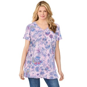 Woman Within Perfect Printed Short-Sleeve Shirred V-Neck Tunic - 1 of 4