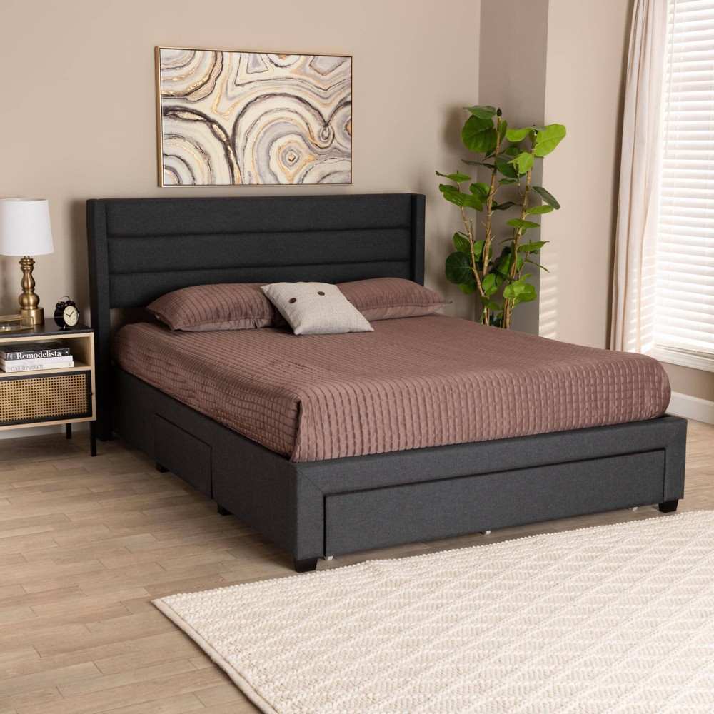 Photos - Bed Queen Braylon Fabric and Wood Platform Storage  Gray/Dark Brown - Baxto