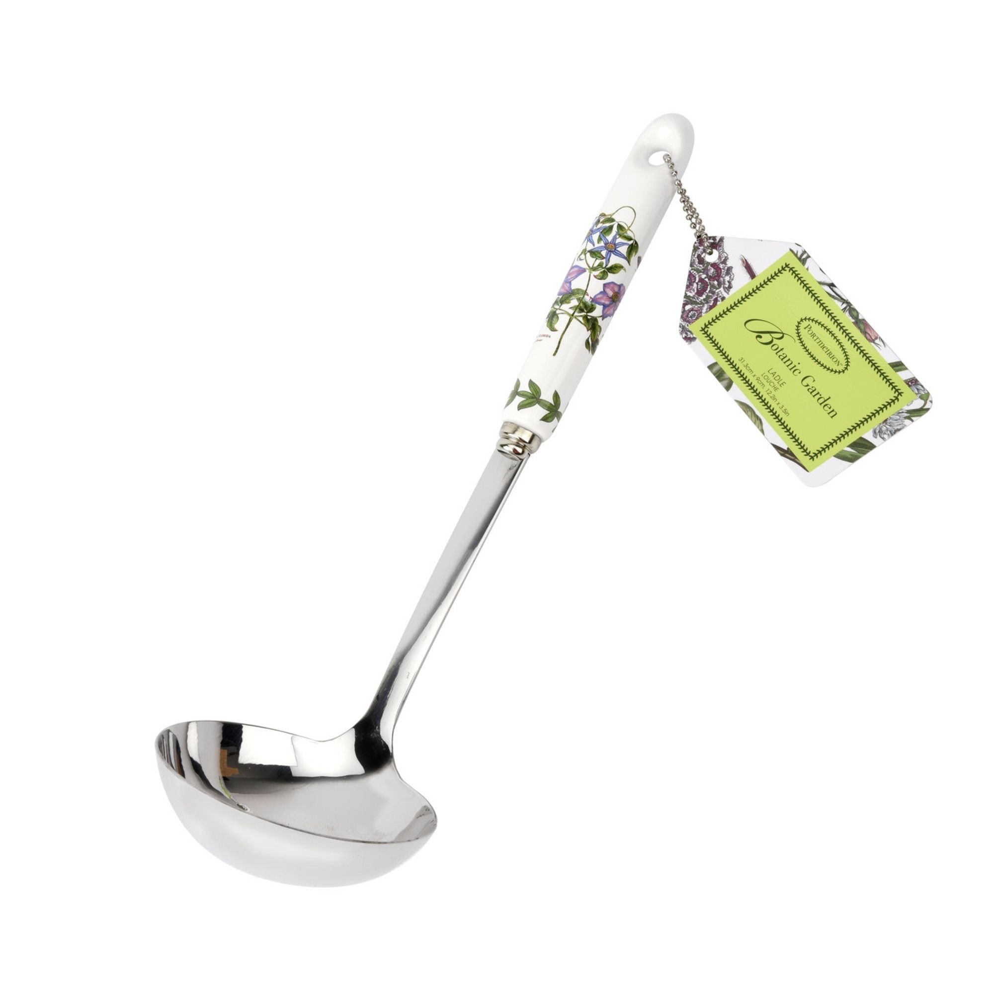 Portmeirion Botanic Garden 12" Soup Landle, Clematis Motif - Porcelain Handle & Stainless Steel, Chip-Resistant Glaze - Ideal Kitchen Tool