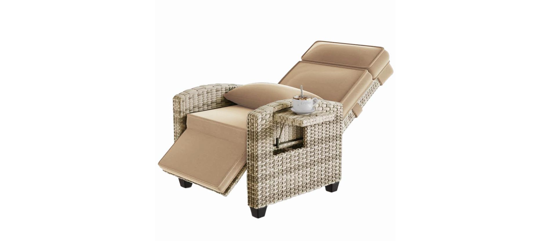 Outdoor Rattan Recliner Chair with Armrest Console Tray,1 Pcs, Patio Lounge with Adjustable Backrest & Footrest 150° Lay Flat