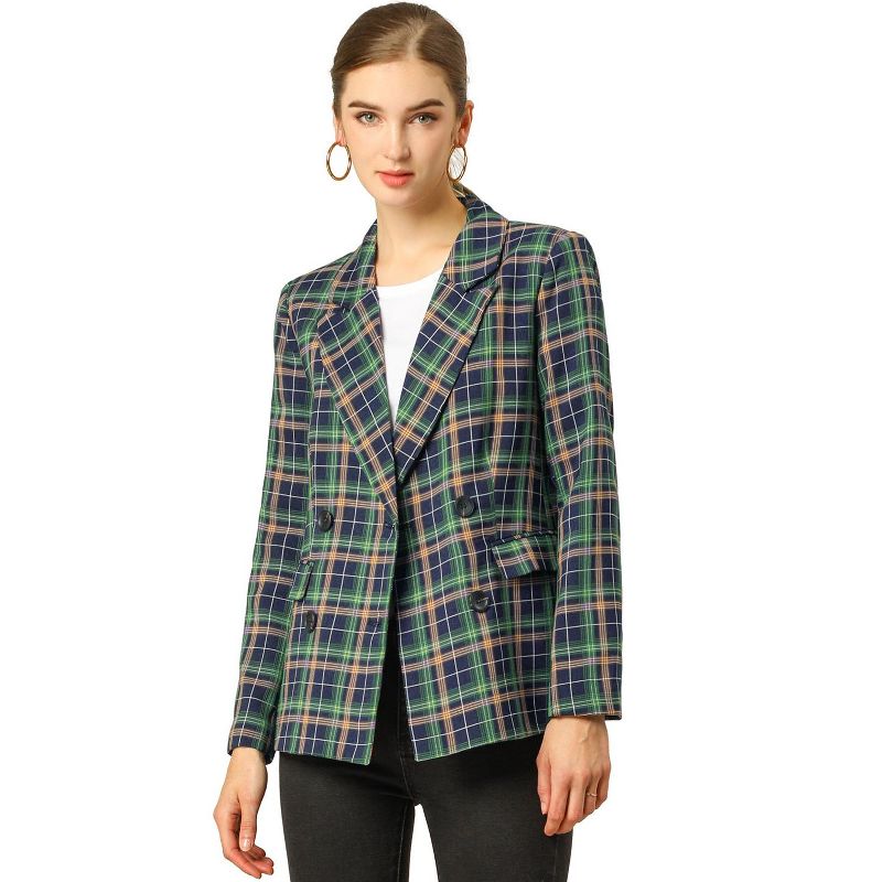 Allegra K Women's Casual Fit Notched Lapel Double Breasted Plaid Formal Blazer, 1 of 8