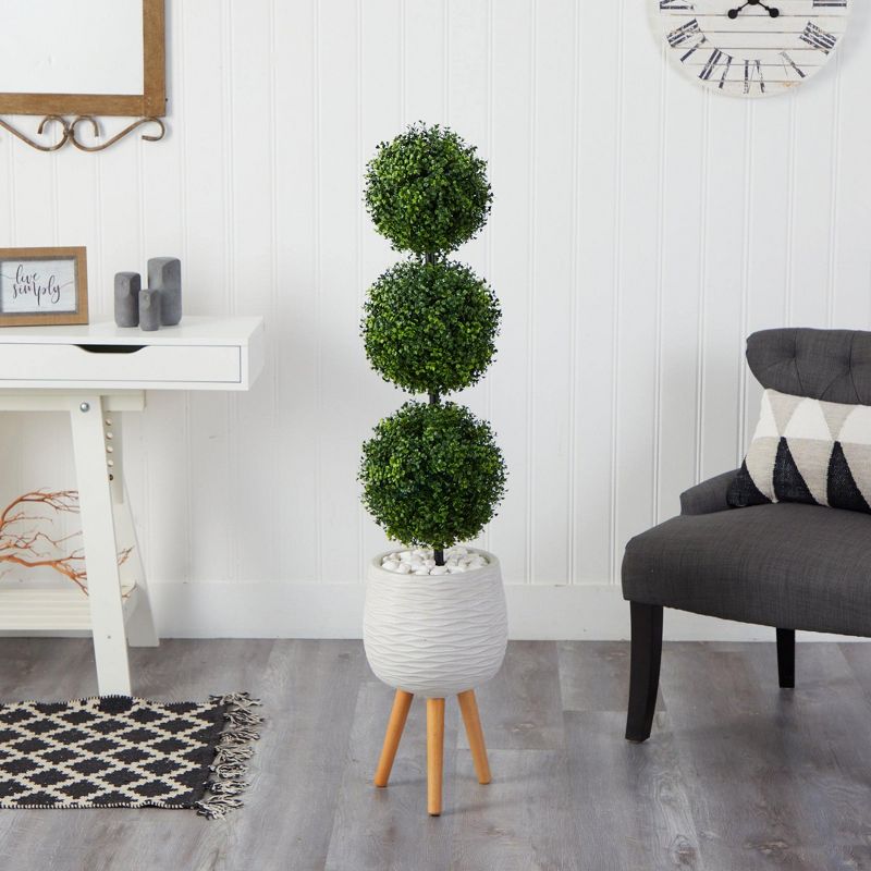 Nearly Natural 51-in Boxwood Triple Ball Topiary Artificial Tree in White Planter with Stand (Indoor/Outdoor, 3 of 5
