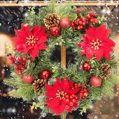 16 Inch Artificial Wreath with Flower Berries and Pine Cones Ornaments for Door Wall Window Fireplace Decoration
