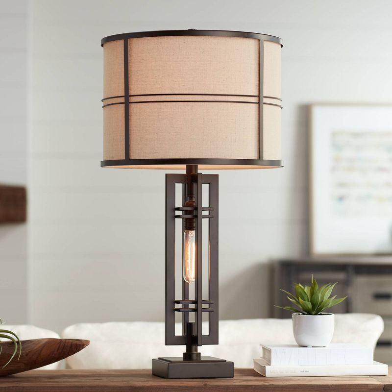 Franklin Iron Works Elias Modern Industrial Table Lamp 28" Tall Oiled Bronze with Nightlight Off White Oatmeal Drum Shade for Bedroom Living Room Kids, 2 of 10
