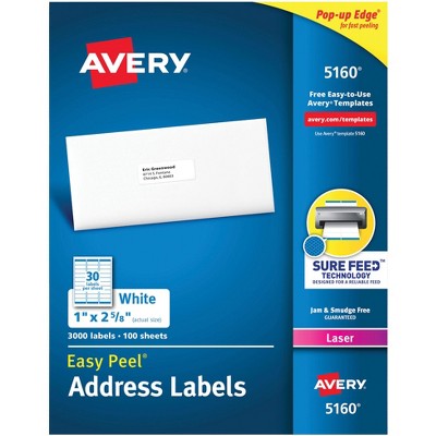 Avery Easy Peel Adhesive Mailing Address Labels For Laser Printers, 1 x 2-5/8 Inches, White, Box of 3000