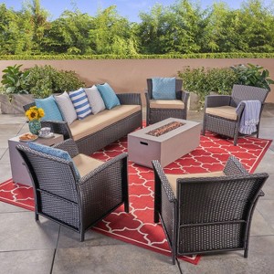Christopher Knight Home Brynnli Outdoor Wicker and Lightweight Concrete 7 Seater Sofa and Club Chair Chat Set with Fire Pit - 1 of 4