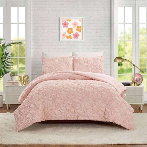 Teen Full Queen Puffy Flower Comforter Set Light Pink Recycled Polyester OEKO TEX Certified 3 Piece Bedding Makers Collective