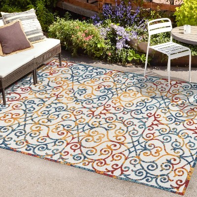 Mediterranean Trellis Blue Rectangular Washable Indoor/Outdoor Rug