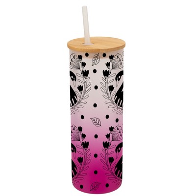 Elanze Designs Regal Swan Bird Flower Garden Wrap-Around Design 25 Ounce Frosted Gradient Glass On-The-Go Coffee Travel Skinny Tumbler Mug Cup, Bamboo