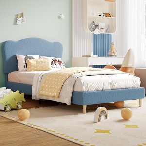 Bed with Scallop Headboard, Upholstered Bed Frame for Kids, Velvet Princess Platform Bed for Girls, Solid Wood Slats Support - 1 of 4