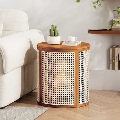 JUJABU 15.7" Round End Table, Hollow Rattan Woven Design with Rubber Wood Top, Small Nightstand or Tea Table for Living Room, Easy Assembly