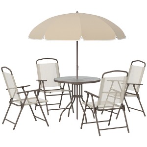 Outsunny 6 Piece Patio Dining Set for 4 with Umbrella, 4 Folding Dining Chairs & Round Glass Table for Garden, Backyard, and Poolside - 1 of 4