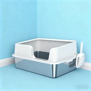 Kumasinova Stainless Steel Cat Litter Box with Scoop,High Sides Odor-Resistant Pet Litter Box for Big Cats,23.6" L x 15.7" W x 11" H,White - 1 of 4